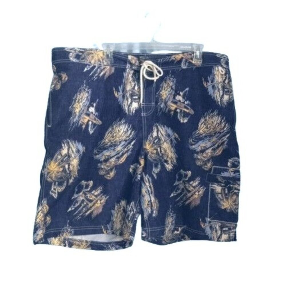 Lands End XXL 44-46 Mens Blue Swim Trunks Shorts Bathing Suit Island Beach Print